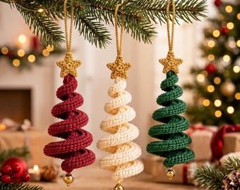 Handgemaakte spiraalvormige gehaakte kerstboomversiering set, 3 stuks kant-en-klare kerstboomdecoratie met ster en bel, feestartikelen, nieuwjaarscadeau