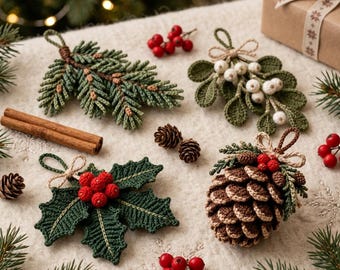 Handgemaakt gehaakt kerstornament, dennenappel-, hulst- en maretakdecoratie, rustieke kerstboomhanger, landelijke kerstdecoratie, winterdecoratie voor thuis