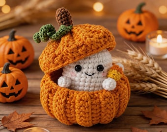 Gehaakte spook in pompoen snoephouder set, schattige griezelige Halloween decoratie, kawaii pompoen snuisterijenhouder, spook plank decoratie, cadeau voor haar