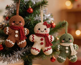 Handgemaakte gehaakte peperkoekmannetje-ornamentenset, 3 stuks kerstdecoratie met peperkoekmannetje, gehaakte kerstboomversiering, feestdecoratie
