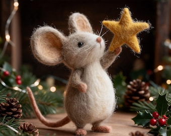 Handgemaakt muisornament van naaldvilt, schattig muisje van wolvilt, sterrenhemeldecoratie, leuk muiscadeau, kerstcadeau voor haar, cadeau voor muizenliefhebbers