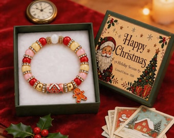 Kerstarmband van natuurlijke edelstenen met sieradendoosje, handgemaakte armband met kristallen kralen en kerstmanbedeltje, kerstcadeau met sneeuwvlokken, cadeau voor haar