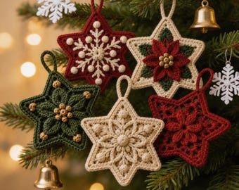 Handgemaakte gehaakte kerstornamentenset, 5 stuks gehaakte sterrenhangers, kerstboomversiering, sneeuwvlokken kerstdecoratie, cadeau voor haar