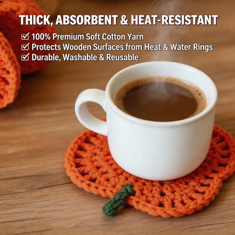 Puede incluir: Una taza de cer&aacute;mica blanca llena de caf&eacute; oscuro humeante sobre un posavasos de ganchillo con forma de calabaza naranja y tallo verde. El texto dice: THICK, ABSORBENT & HEAT-RESISTANT, 100% Premium Soft Cotton Yarn, Protects Wooden Surfaces.