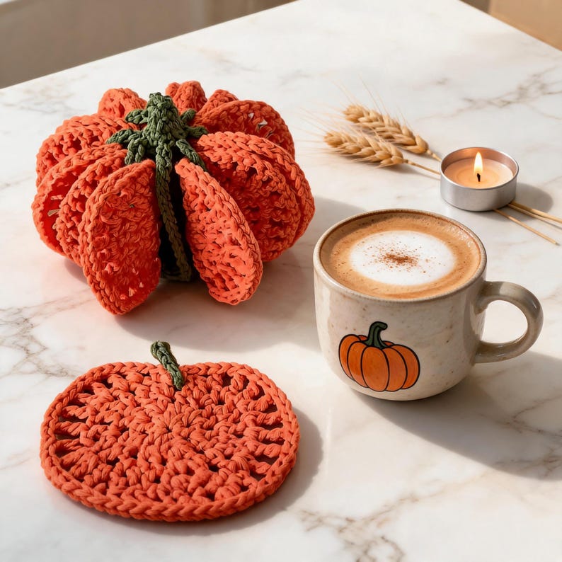Puede incluir: Un juego de posavasos de ganchillo con forma de calabaza naranja, con uno extendido y los dem&aacute;s apilados formando una calabaza 3D con tallo verde. Una taza de cer&aacute;mica con un gr&aacute;fico de calabaza contiene un caf&eacute; con leche junto a una vela.