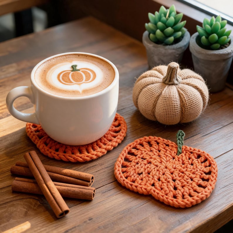 Puede incluir: Una taza de cer&aacute;mica blanca llena de caf&eacute; con arte de calabaza en la espuma, sobre un posavasos de ganchillo naranja con forma de calabaza. Al lado hay una calabaza de tela, dos peque&ntilde;as suculentas verdes en macetas y tres ramas de canela.
