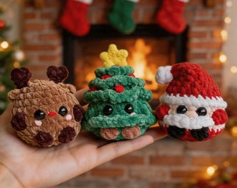 Handgemaakte gehaakte kerstknuffelset, 3 stuks kerstboomversiering, mini kerstman en rendier amigurumi kerstboom, leuk als cadeautje voor in de kerstsok.