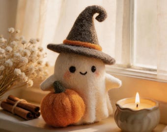 Adopteer een spook, handgemaakt vilten Halloween-spook, schattige herfstpompoendecoratie met tovenaarsmuts, decoratie voor de kinderkamer, Halloween-cadeau voor haar, woondecoratie