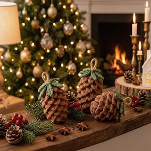 May include: Three handmade crochet pinecone ornaments in brown yarn with green tops and jute hanging loops. The ornaments are arranged on a wooden surface alongside natural pinecones, red berries, and evergreen sprig accents.