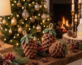 Afgewerkte gehaakte kerstversiering in de vorm van een dennenappel (3 stuks), bosdecoratie, realistische kerstboomversiering met dennenappels, rustiek herfstcadeau, leuk als cadeautje voor in de kerstsok.