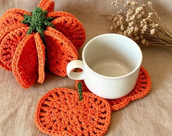 Handgemaakte gehaakte pompoenonderzetters set, 8 losse onderzetters vormen samen één 3D-pompoen, herfsttafeldecoratie, herfsthuisdecoratie, Halloween cadeau