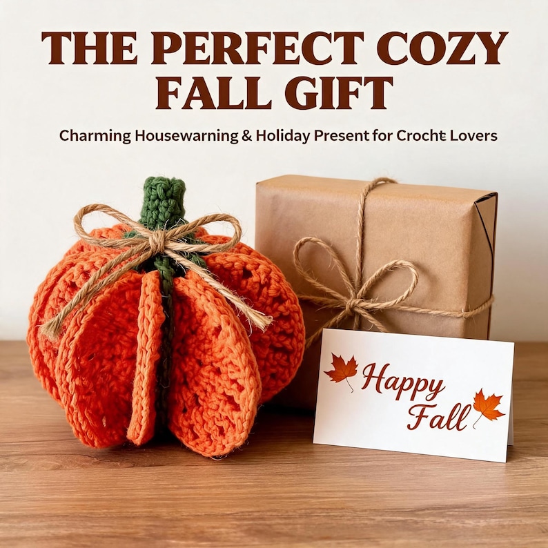 Puede incluir: Una calabaza de ganchillo naranja con tallo verde y lazo de yute, una caja de regalo envuelta en papel marr&oacute;n con cuerda, y una tarjeta blanca con el texto Happy Fall y dos ilustraciones de hojas de arce impresas en color marr&oacute;n.