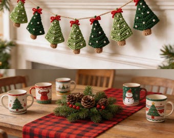 Handgemaakte gehaakte kerstboomslinger, kerstversiering voor de schoorsteenmantel, matgroene alpenvlaggetjes, kerstwanddecoratie, kerstdecoratie in landelijke stijl
