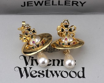 In Box VW Pearl Earrings,Gold CZ Saturn Drop,Gift