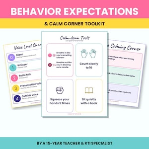 Op de afbeelding: Een set educatieve posters genaamd Behavior Expectations and Calm Corner Toolkit. De vellen bevatten tekst zoals Voice Level Chart, Calm-down Tools en Calming Corner, met instructieve iconen voor ademhaling en rustige activiteiten.