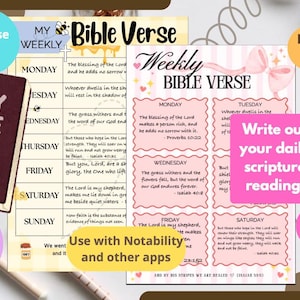 May include: A burgundy Holy Bible next to weekly Bible verse templates. The templates are pink and white with text for daily scripture reading. Includes text: "Instant Download & Use" and "For digital use or Print out."