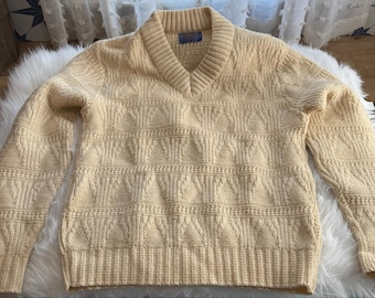 VTG 70er Jahre Pendleton Wolle Pullover Herren L Creme Fischer Zopfmuster V-Ausschnitt USA