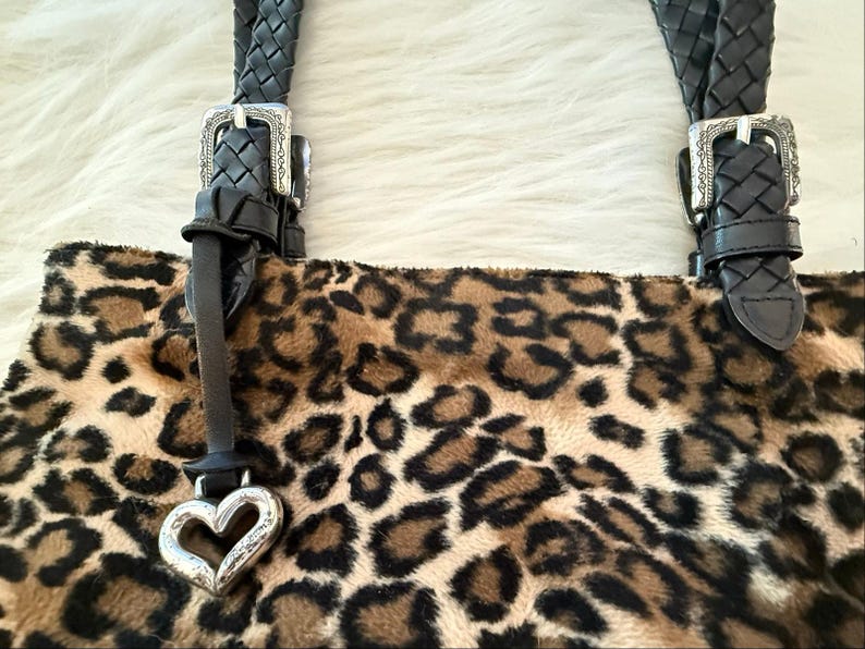 Brighton Vintage Leopard Faux Fur Braided Leather Strap Shoulder Bag Y2K image 2