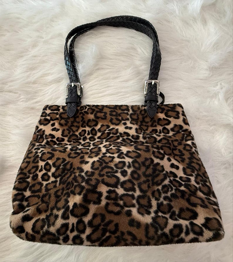 Brighton Vintage Leopard Faux Fur Braided Leather Strap Shoulder Bag Y2K image 6
