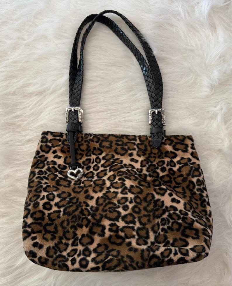 Brighton Vintage Leopard Faux Fur Braided Leather Strap Shoulder Bag Y2K image 1
