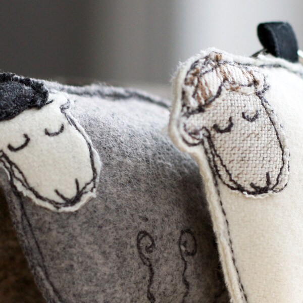 Sleepy Sheep - Embroidered Woollen Key Ring / Chain in Light Grey