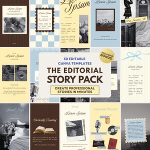 Puede incluir: Una colección de 30 plantillas editables de Canva tituladas The Editorial Story Pack, que presentan varios diseños con texto de relleno, fotografías en blanco y negro, ilustraciones vintage y paletas de colores suaves para redes sociales.