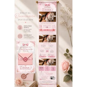 Invito digitale rosa Quinceañera / Invito sito web con modulo RSVP e design a scorrimento / Invito XV Años