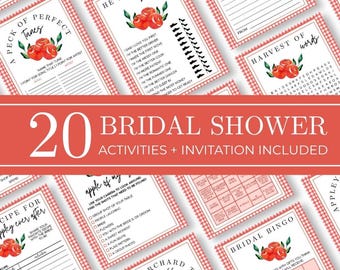May include: A collection of 20 bridal shower activities and invitations. The cards feature a red and white gingham pattern and watercolor floral accents. Text includes "He Said She Said", "A Peck of Perfect Tunes", and "Bridal Bingo".
