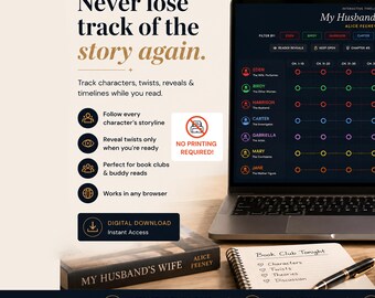 May include: A laptop screen displays an interactive timeline app for the book My Husband's Wife by Alice Feeney, featuring a grid of coloured character icons and chapter markers. Text on the screen includes "Never lose track of the story again."