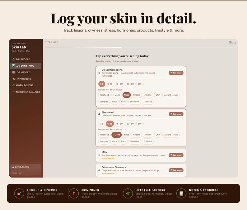 May include: A digital interface for tracking skin health, with the text "Log your skin in detail." The screen shows options for logging skin status, history, products, and more. It includes sections for lesions, skin zones, and lifestyle factors.