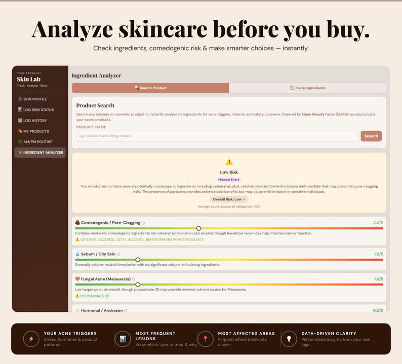 May include: A webpage titled "Analyze skincare before you buy" with the text "Check ingredients, comedogenic risk & make smarter choices - instantly." The page includes an ingredient analyzer, product search, and risk assessment details.