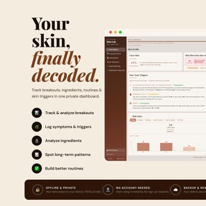 Op de afbeelding: Een website-interface met de tekst "Your skin, finally decoded." De interface toont tools voor gegevensanalyse voor het volgen van huiduitslag, ingrediënten en routines. Het kleurenschema is voornamelijk bruin en beige, met groene en witte accenten.