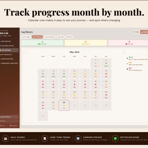May include: A digital calendar interface with the text "Track progress month by month." The calendar displays a monthly view with colour-coded dots indicating skin condition. The interface includes options for logging skin status and analysing ingredients.