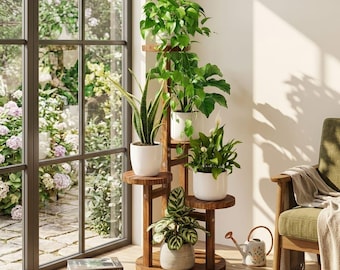5-stufiger Holz-Blumenstand, Zimmerpflanzenregal, hohes Eckpflanzenregal, Mehrpflanzenhalter, rustikale Blumentopfanzeige für Wohnkultur