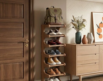 Organizador de zapatos de bambú: Estantería estrecha de 7 niveles para recibidor o dormitorio.
