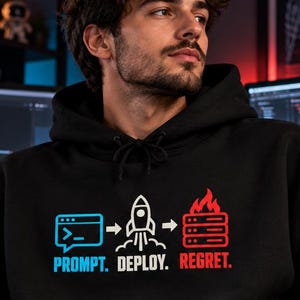 Könnte beinhalten: Ein schwarzer Kapuzenpullover mit einem Grafikdruck, der ein blaues Terminal-Symbol, eine weiße Rakete und ein rotes, brennendes Server-Symbol zeigt. Unter den Symbolen steht der Text PROMPT. DEPLOY. REGRET. in den Farben Blau, Weiß und Rot.