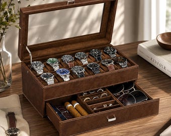 Horlogedoosopberger met 12 sleuven, luxe vitrine met sieradenlade, espresso-afwerking