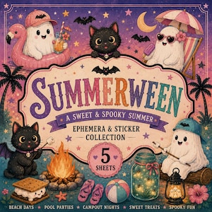 Może przedstawiać: Kolekcja efemeryd i naklejek Summerween zawierająca pięć arkuszy z ilustracjami duchów, czarnych kotów, ogniska, s'mores, piłki plażowej i słoika. Tekst głosi Summerween A Sweet & Spooky Summer Ephemera & Sticker Collection.