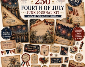 May include: A printable junk journal kit featuring vintage patriotic ephemera for the Fourth of July. Includes six pages of cards, tickets, stickers, and pockets with American flag motifs, fireworks, floral illustrations, and text like America 250.