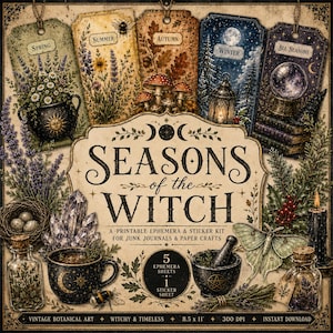 Pode incluir: Um kit de efêmera e adesivos imprimíveis intitulado Seasons of the Witch, com cinco etiquetas marcadas como Spring, Summer, Autumn, Winter e All Seasons. O design inclui arte botânica, cogumelos, cristais, almofariz e frascos.