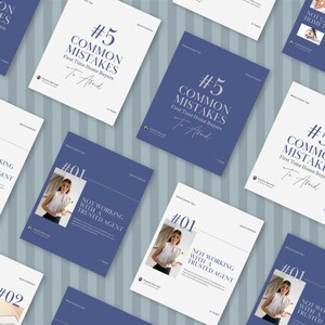 Op de afbeelding: Een verzameling digitale social media templates met educatieve inhoud voor starters op de woningmarkt. De ontwerpen gebruiken een blauw en wit kleurenschema met dikke typografie, inclusief tekst zoals #5 Common Mistakes en #01 Not Working With A Trusted Agent.