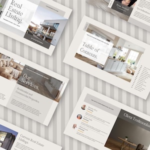 May include: A digital real estate listing presentation template featuring multiple slides with white and grey layouts. The slides include text headers such as Real Estate Listing, Table of Contents, Our Services, and Client Testimonials with imagery.