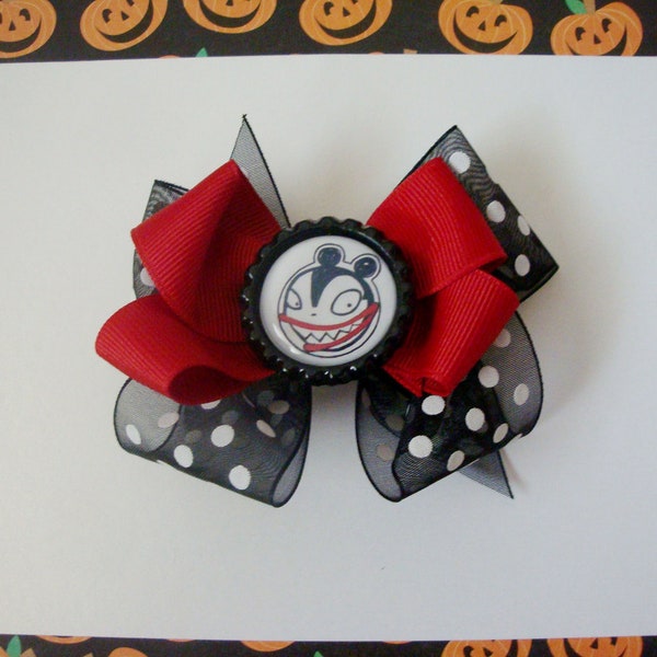 Girls hairbow, Polka dot black white and red hairbow, halloween bow