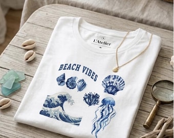 Surf Wave Jellyfish Seashells Tee, Beach Vibes Shirt