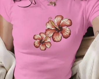 Orange Hibiscus Floral Tee , Tropical Flower Shirt, Summer Beach Top