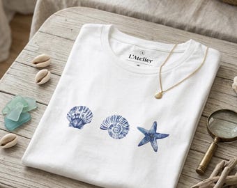Blue Seashells and Starfish Beach Shell Trio T-Shirt