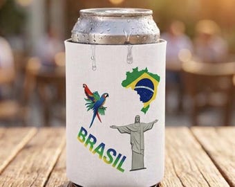 Brazil Soccer Icons Can Cooler, Christ the Redeemer, Parrots, Football, Soccer, Unique Brasil Design , Gift for Soccer Fans