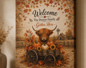 Personalized Highland Cow Canvas | Custom Family Welcome Sign, Fall Farmhouse Wall Decor, Rustic Autumn Canvas, Housewarming Gift