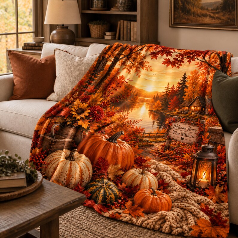 Personalized Fall Blanket, Custom Family Name Autumn Throw, Cozy Pumpkin Cabin Blanket, Welcome Home Housewarming Gift, Fall Home Decor image 3