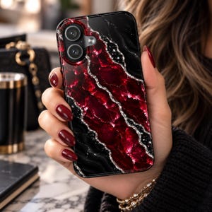 Red and Black Phone Case, Personalized Marble Phone Cover with Custom Initial